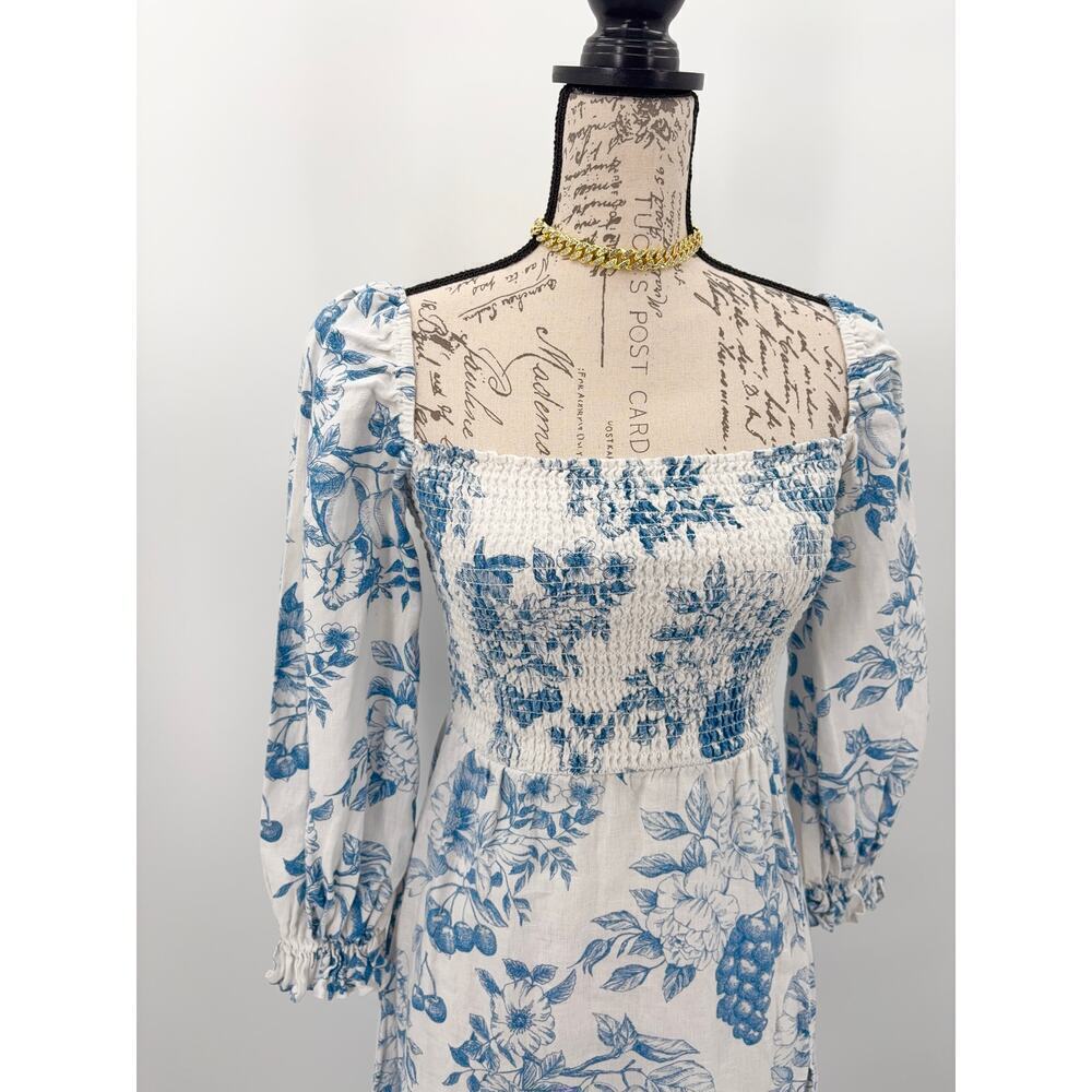 B71 Reformation Gitane Linen Midi Dress Womens XS Floral Square Neck Puff Sleeve - Picture 7 of 9